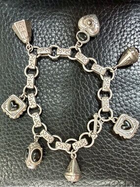Brighton Vintage Heart Link Chain Charm Bracelet Silver Scrolled - Retired